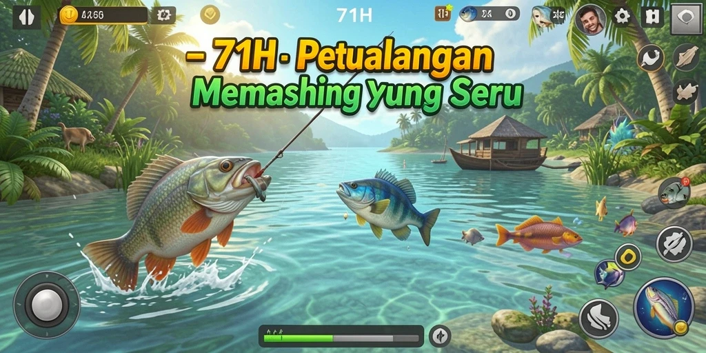 Gameplay seru memancing di 71H dengan berbagai lokasi menarik.