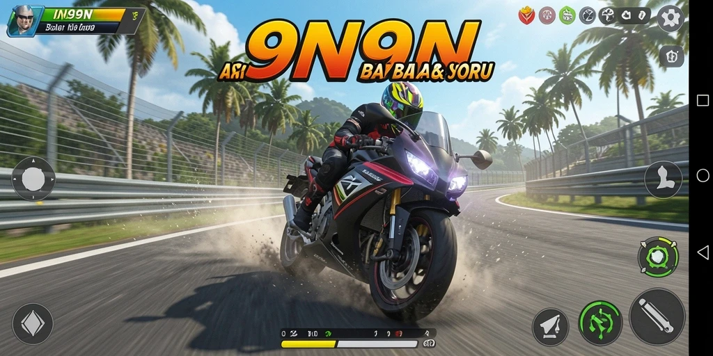 Tampilan gameplay seru di 9N9N dengan balapan motor yang menegangkan.