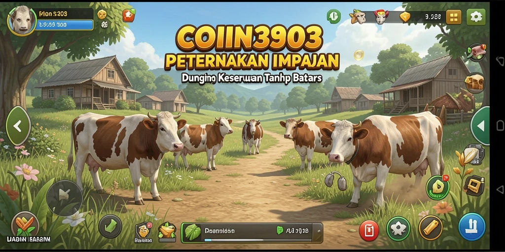 Screenshot utama COIN303 menampilkan petani yang sedang merawat ladang.
